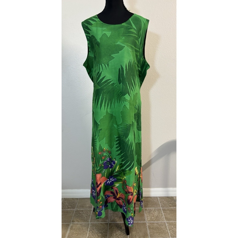 Serengeti Tropical Sleeveless Tie Dress Women's 1X Green Floral Vacation